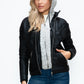 YMI Fuzzy Feels Faux Layered Double-Zipper Jacket with Fuzzy Hood in Black