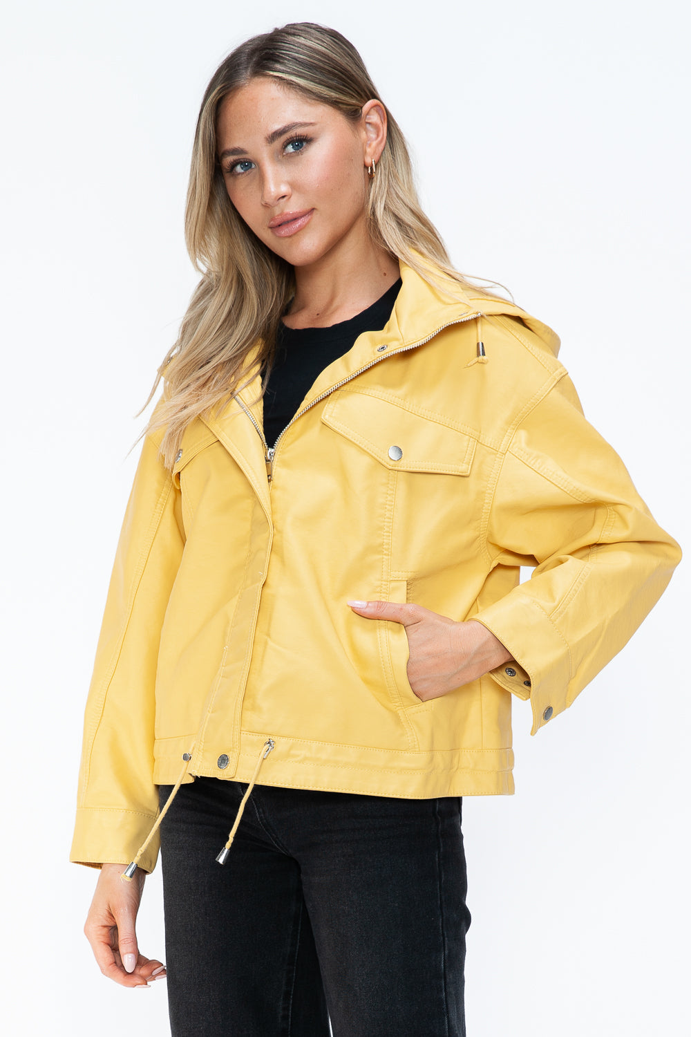 How Dare U My Favorite Layer Drawstring Hem PU Leather Zip Up Jacket in Pale Yellow