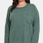 Zenana Cozy Unfiltered Contrast Stitching Brushed Ribbed Hacci Knit Top in Ash Jade