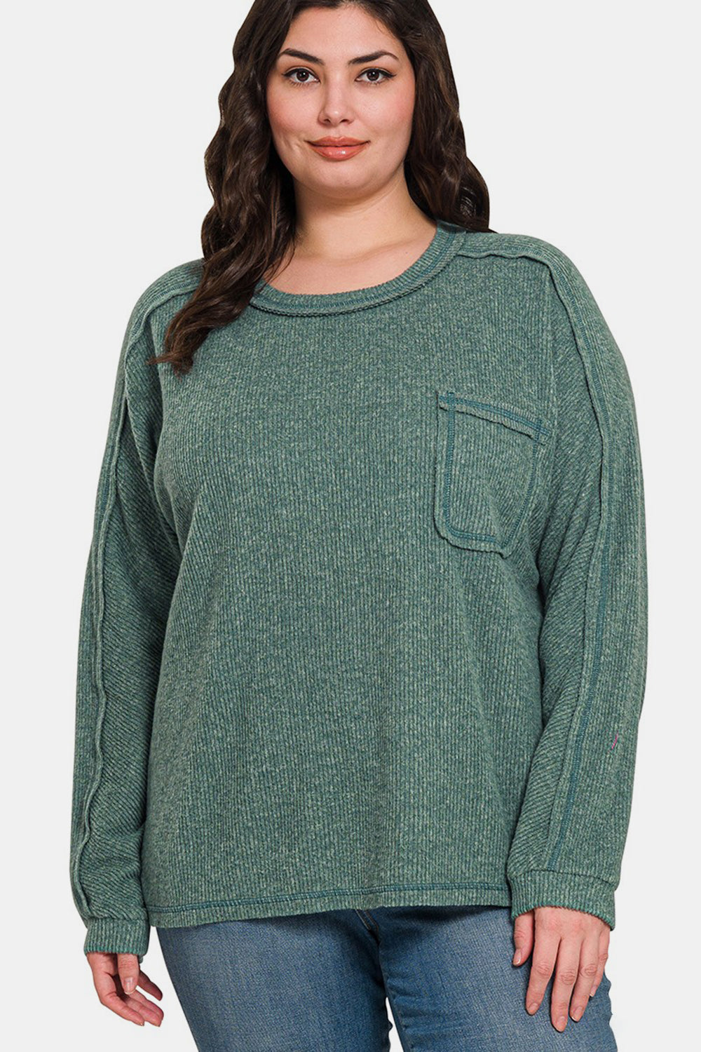 Zenana Cozy Unfiltered Contrast Stitching Brushed Ribbed Hacci Knit Top in Ash Jade