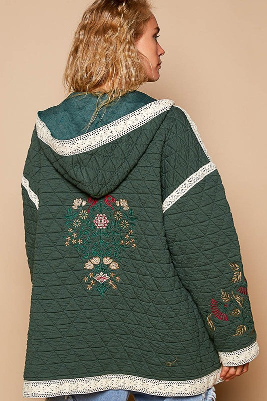 POL Embroidered Dreams Open Front Quilted Jacket with Crochet Pockets in Dark Green