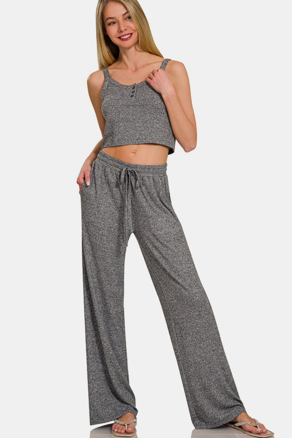 Zenana Flowy and Fabulous Drawstring Wide Leg Pants with Side Pockets in Black