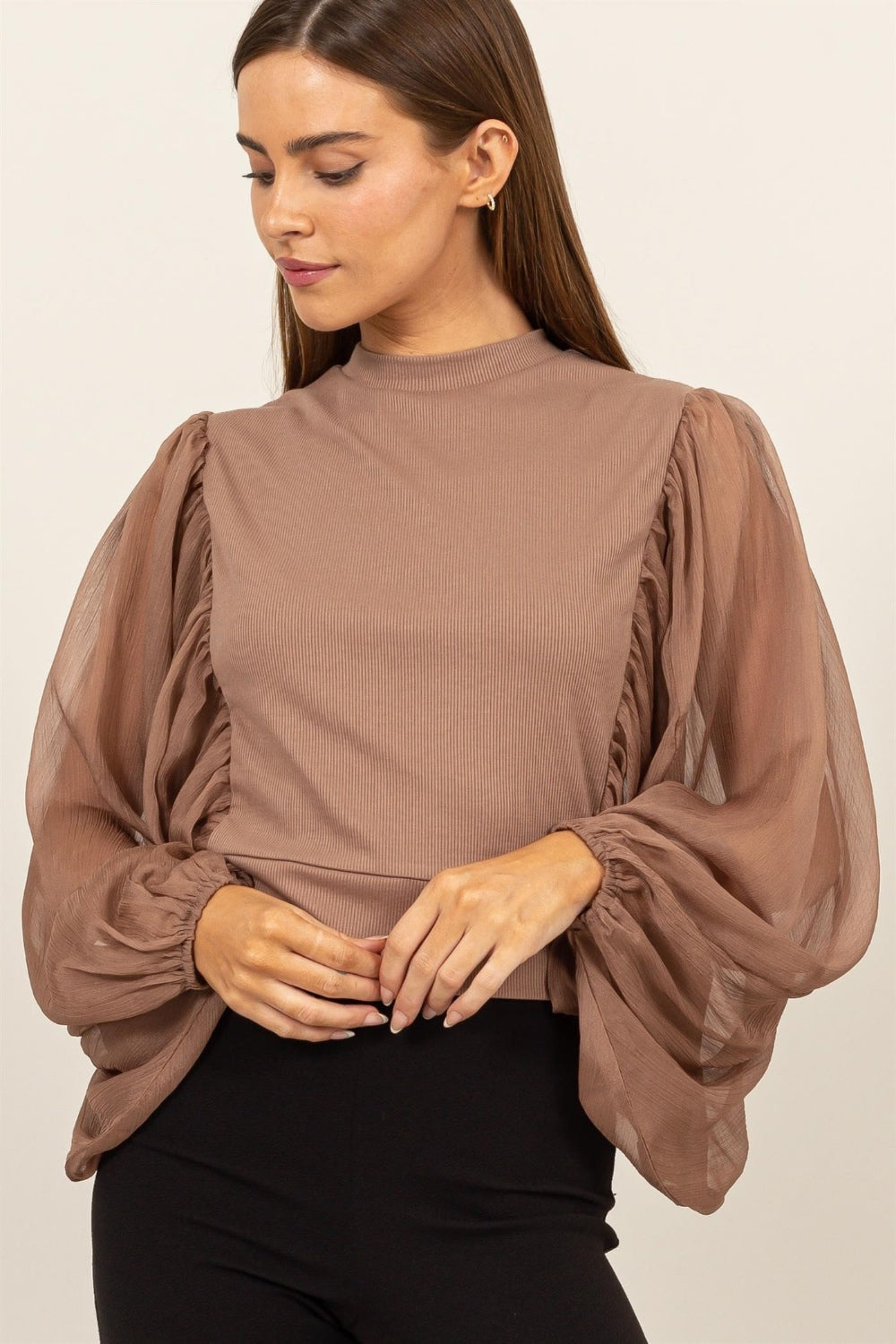 HYFVE Angel Wings Ruched Sheer Long Sleeve Mock Neck Blouse