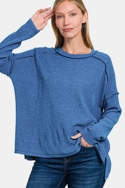 Zenana Cozy Season Exposed Seam Brushed Sweater in Navy