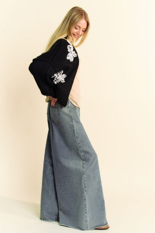 Davi & Dani Pop of Personality Floral Applique Open Front Dropped Shoulder Cardigan