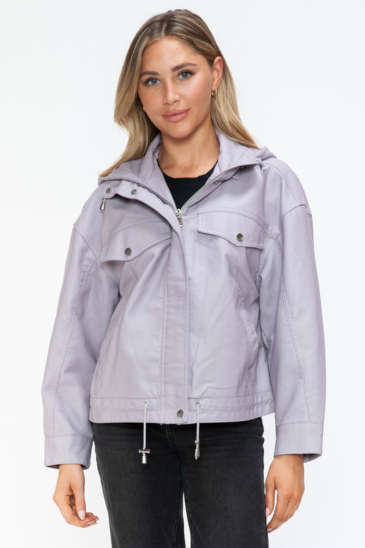 How Dare U My Favorite Layer Drawstring Hem PU Leather Zip Up Jacket in Lilac