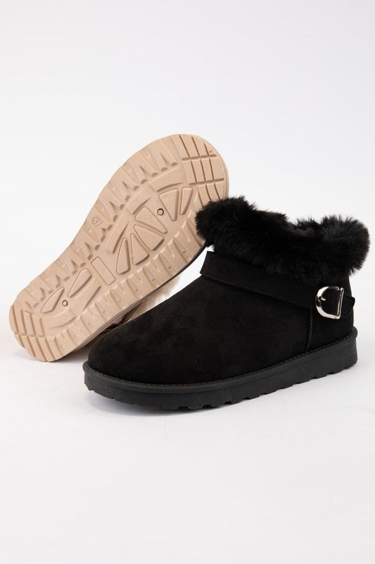 WILD DIVA Faux Fur and Fabulous Faux-Fur Buckle Round Toe Booties in Black