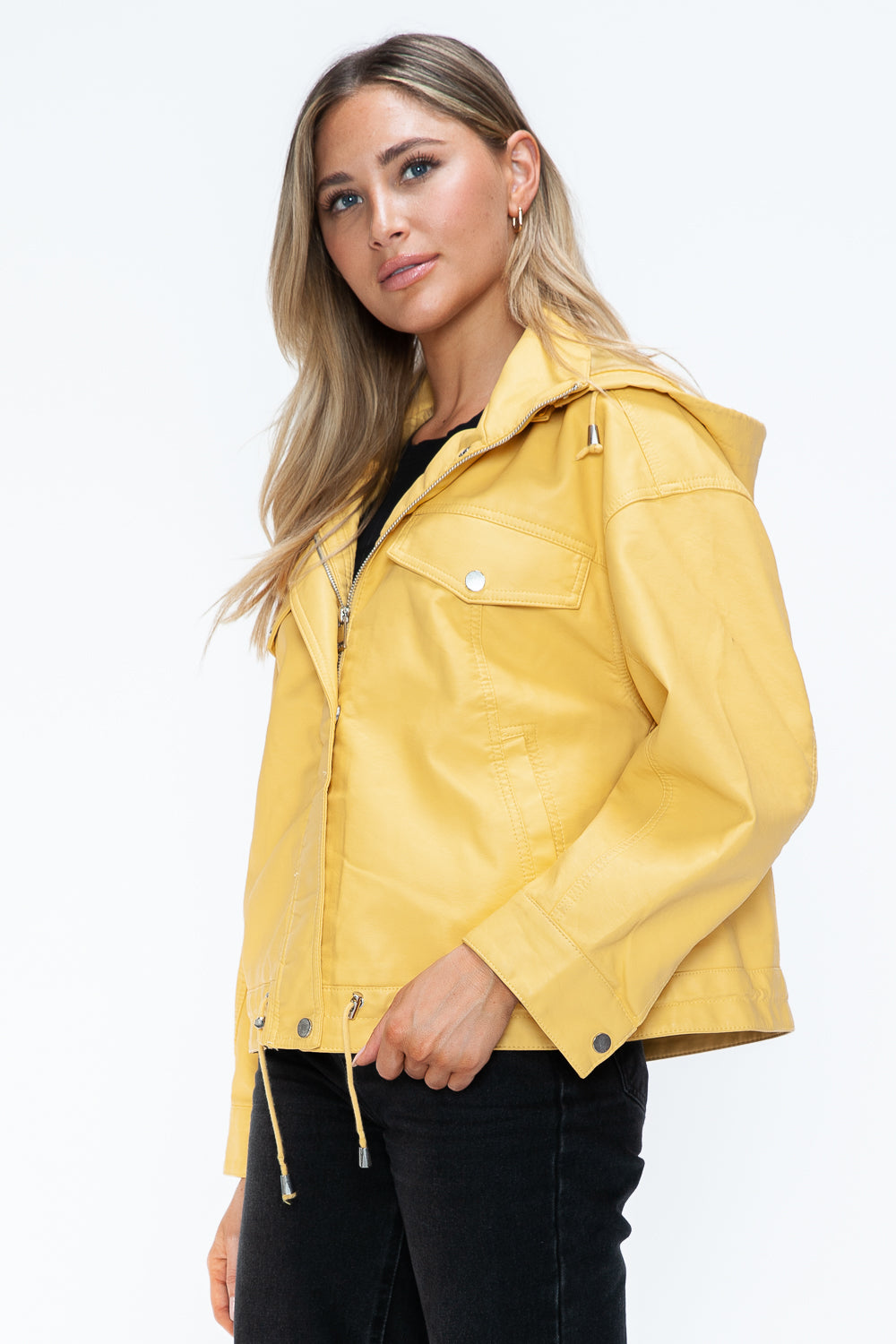 How Dare U My Favorite Layer Drawstring Hem PU Leather Zip Up Jacket in Pale Yellow