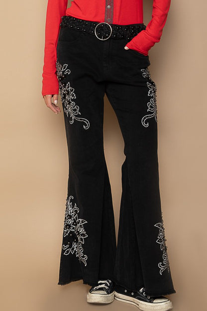 POL Flo Raw Hem Embroidered Flare Pants in Black