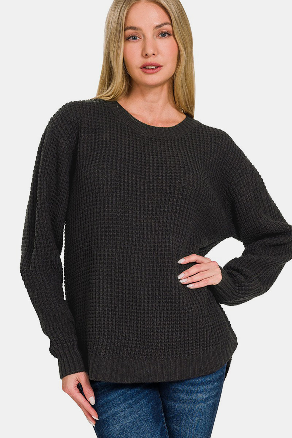 Zenana The World Is My Canvas High Low Long Sleeve Waffle Sweater in Black