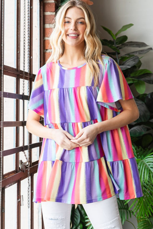 Heimish Rainbow Charm Short Sleeve Striped Tiered Top