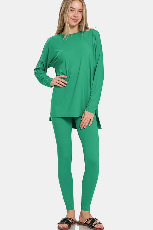 Zenana Lazy Days Brushed Microfiber Top and Leggings Lounge Set in Kelly Green