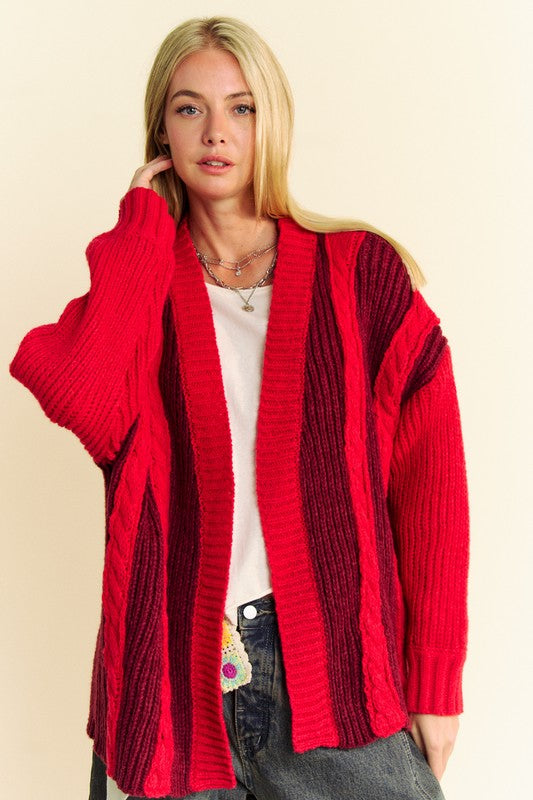 Davi & Dani Festive and Cozy Cable-Knit Color Block Open Front Cardigan