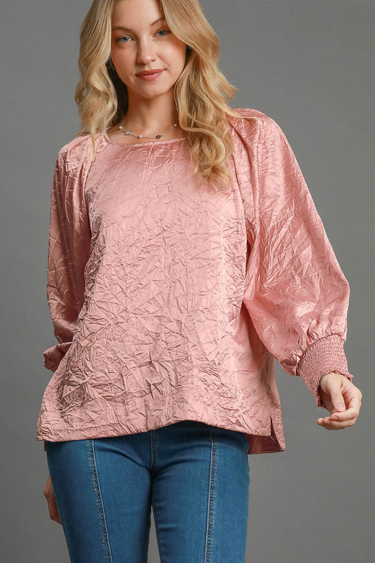 Umgee Perfectly Imperfect Wrinkled Lantern Sleeve Blouse in Blush Pink