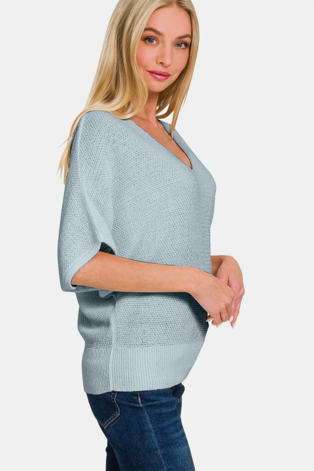 Zenana Make Your Move V-Neck Short Sleeve Dolman Sweater in Blue Grey