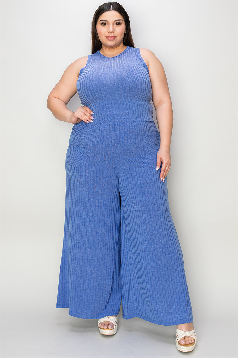 Basic Bae A Fresh Start Ribbed Tank and Wide Leg Pants Set