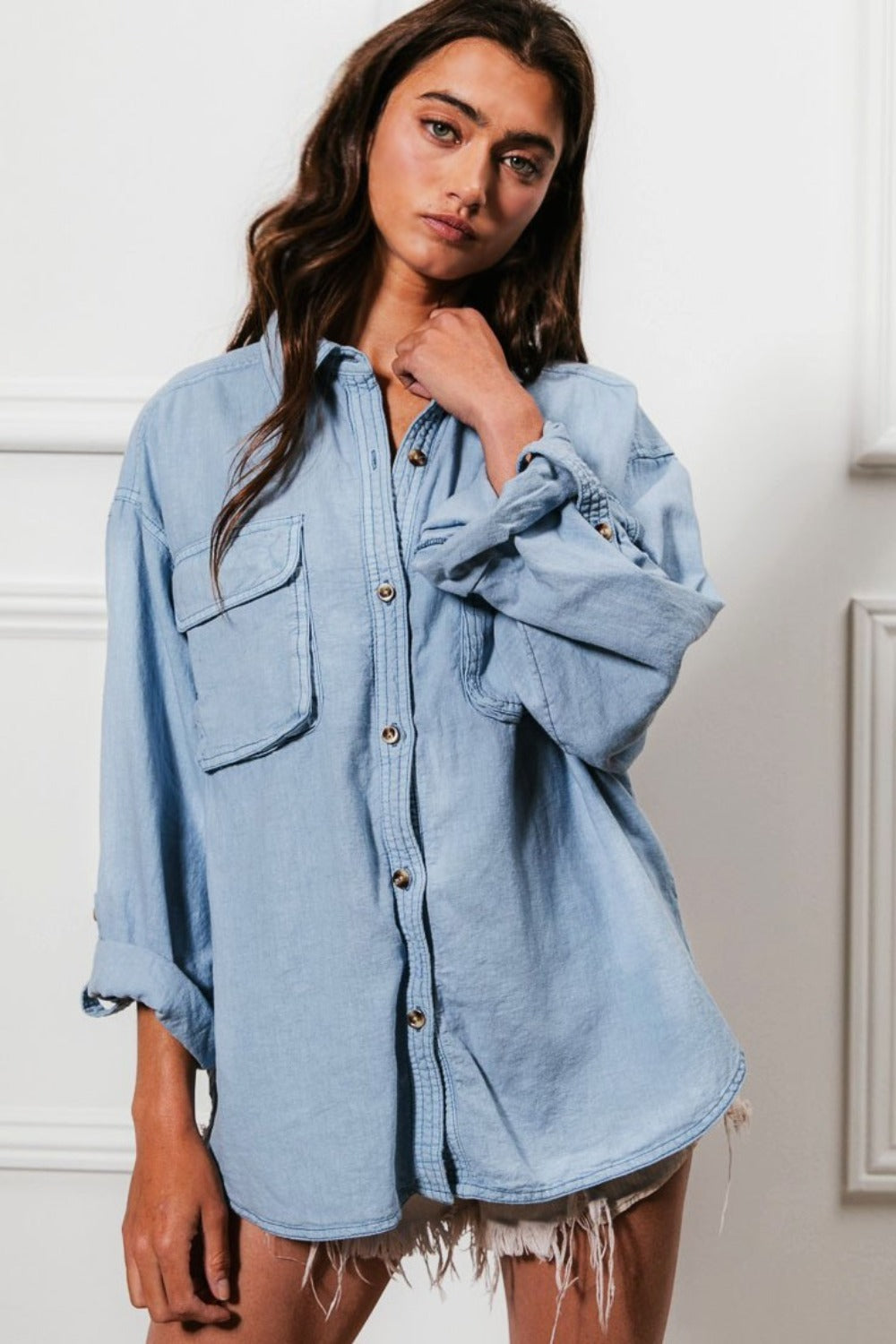 BiBi Stitched With Love Button Down Stitch Detail Shirt with Chest Pockets in Denim