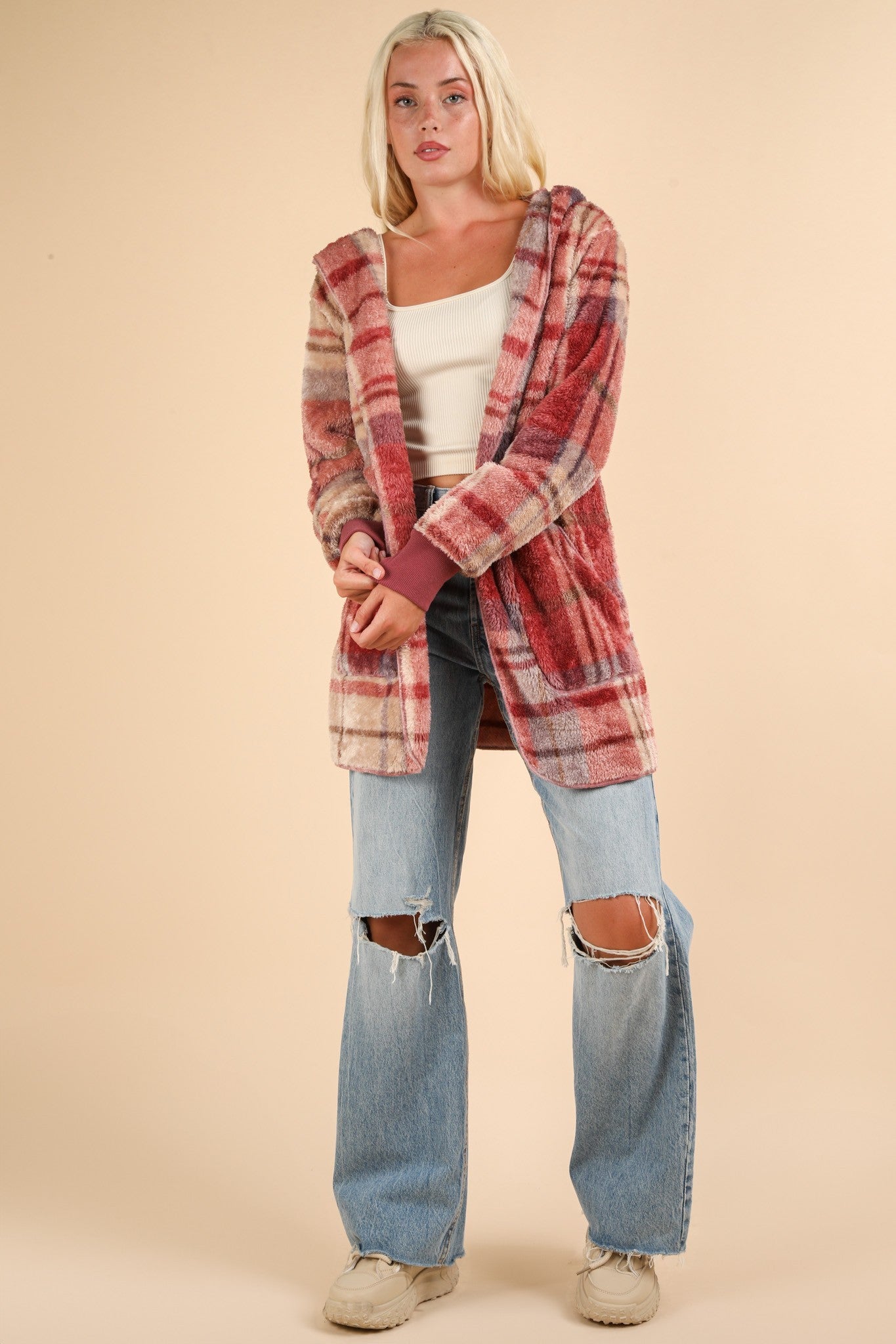 VERY J Where We Goin' Long Sleeve Hooded Jacket in Fuzzy Plaid