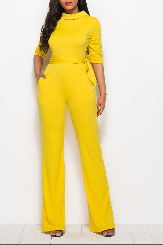 Driven Mock Neck Tie-Waist Half Sleeve Jumpsuit with Pockets