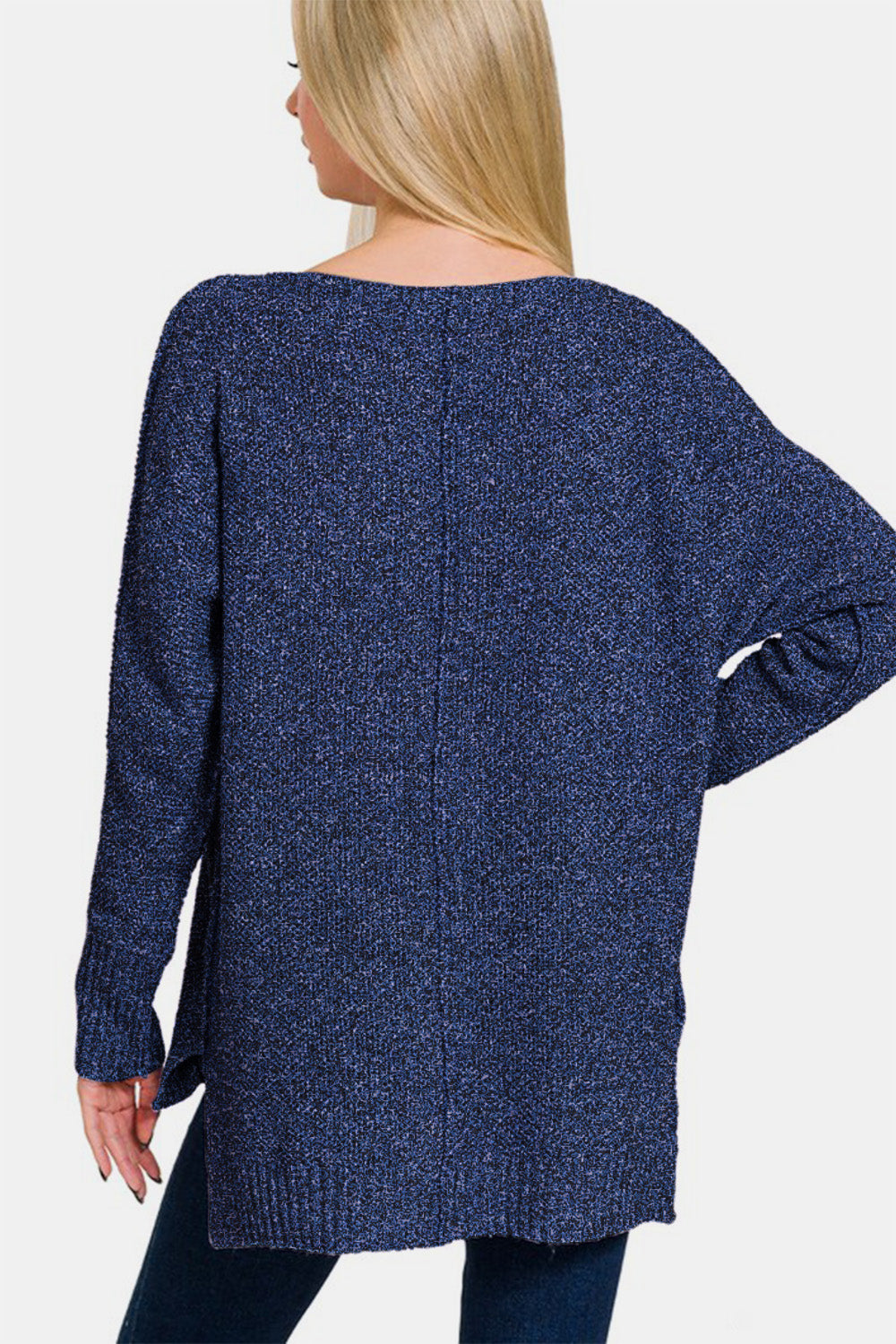 Zenana By The Fire High-Low Center Seam V-Neck Sweater in Dark Navy