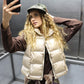 VERY J Metallic Star Shiny Metallic Zip Up Puffer Vest in Champagne
