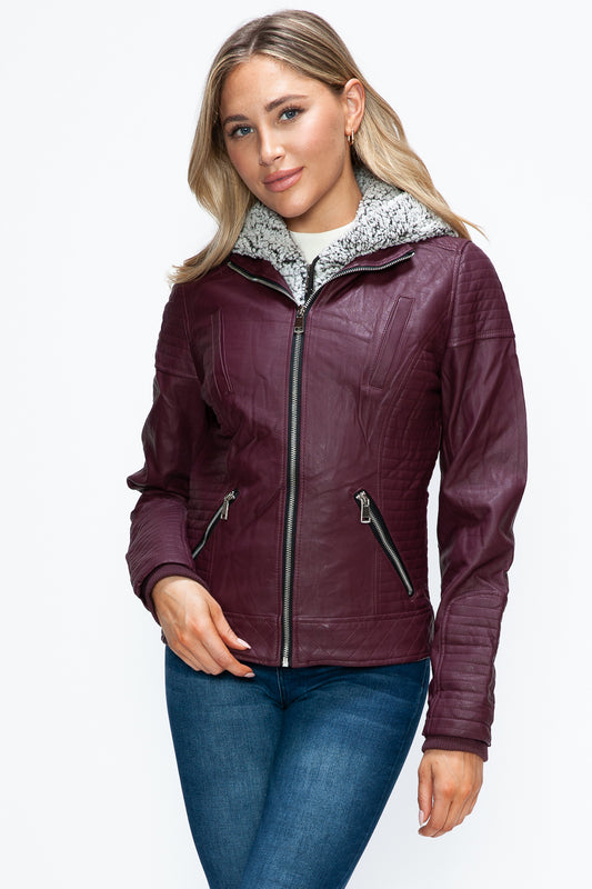 YMI Fuzzy Feels Faux Layered Double-Zipper Jacket with Fuzzy Hood in Wine