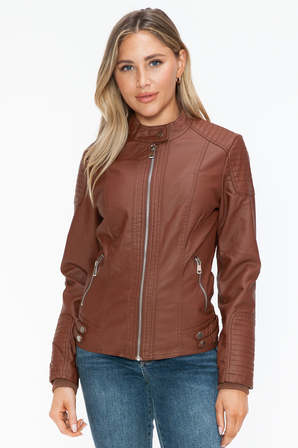 Snobbish A Wild Ride Faux Leather Biker Jacket with Side Zip Pockets in Brandy