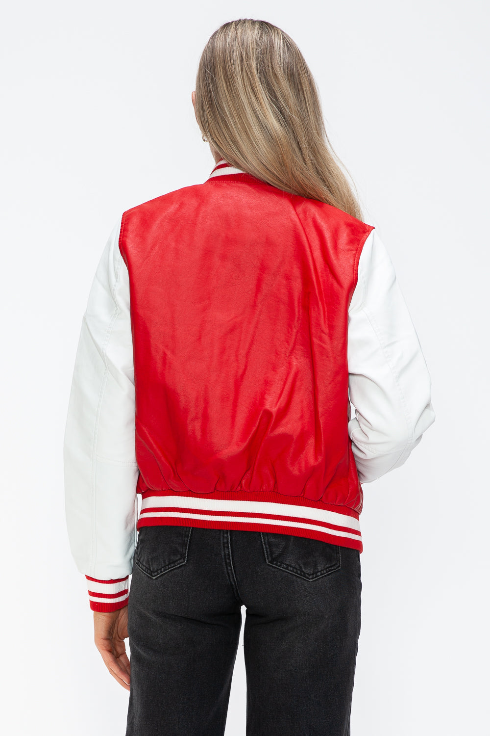 Love Me Now Bring The Love PU Leather Contrast Snap Down Bomber Jacket in Red/Wine