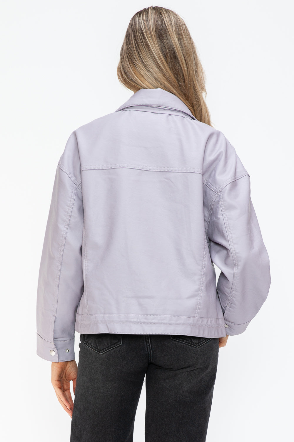 How Dare U My Favorite Layer Drawstring Hem PU Leather Zip Up Jacket in Lilac