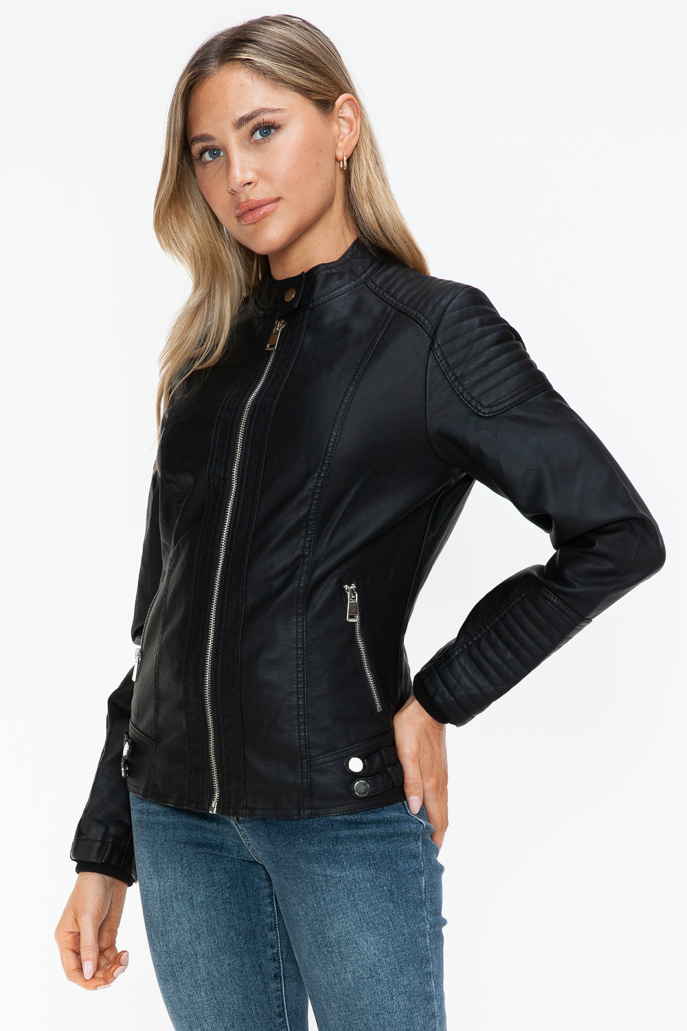 Snobbish A Wild Ride Faux Leather Biker Jacket with Side Zip Pockets in Black