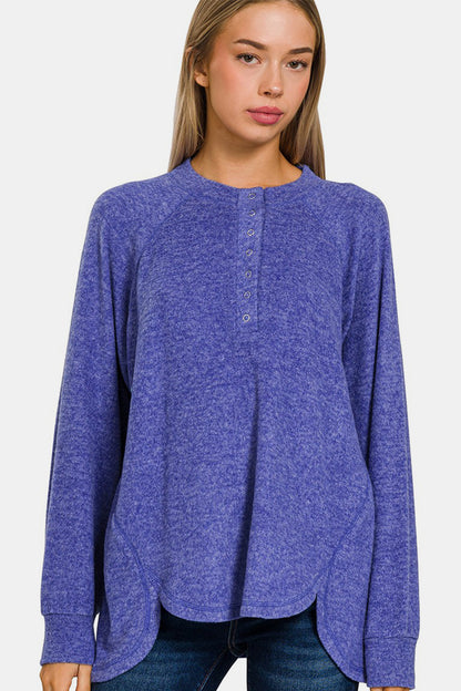 Zenana Mixed Emotions Brushed Melange Hacci High-Low Sweater in Bright Blue