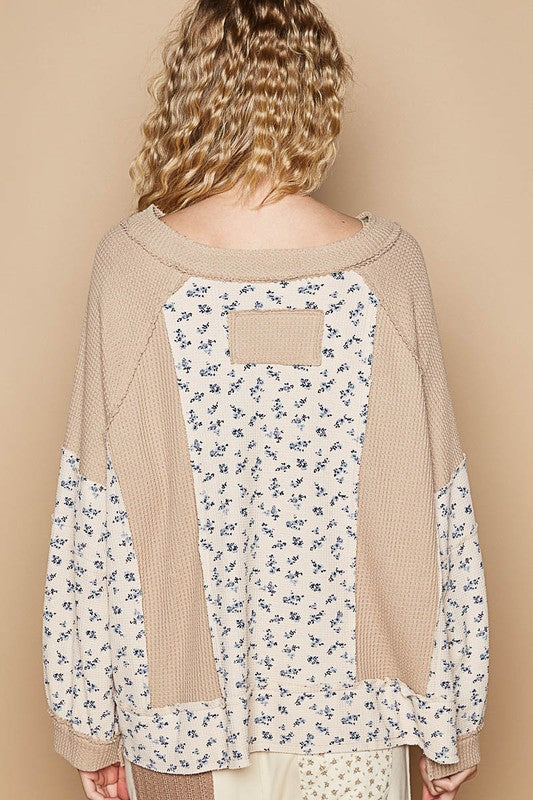 POL A Touch of Sunshine Waffle Knit Floral Notched Long Sleeve Top in Tan