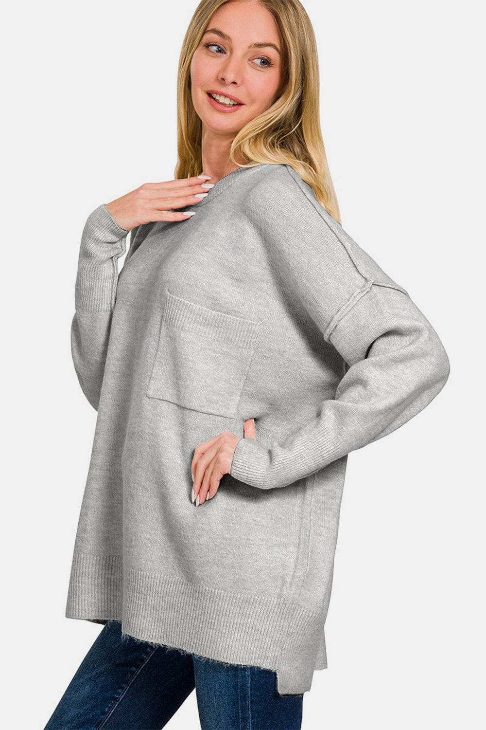 Zenana Everyday Cozy High-Low Hem Drop Shoulder Sweater in Grey