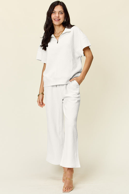 Double Take All About That Glow Texture Half Zip Short Sleeve Top and Pants Set