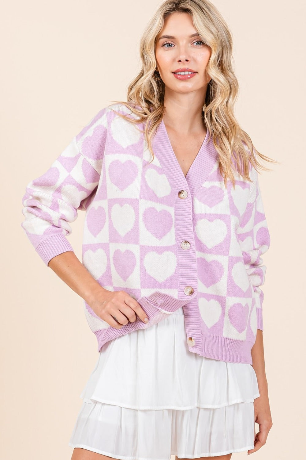 Mittoshop Bringing A Little Love Checkered Heart Button Down Cardigan