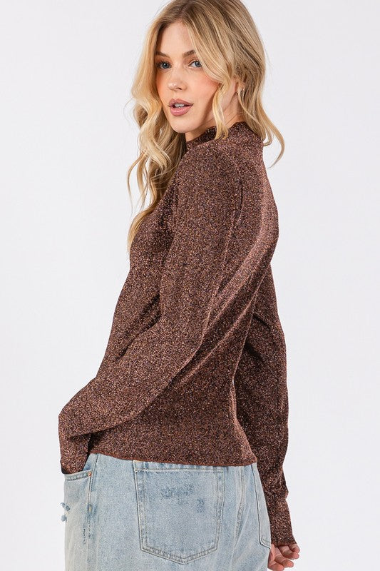 SAGE + FIG Add More Sparkle Glitter Mock Neck Lettuce Hem Long Sleeve Top in Brown