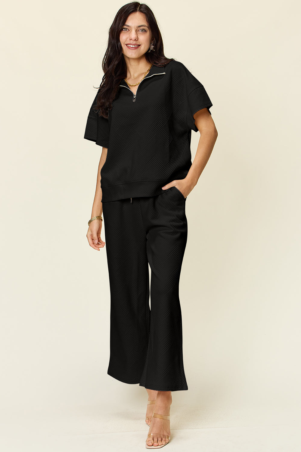 Double Take All About That Glow Texture Half Zip Short Sleeve Top and Pants Set