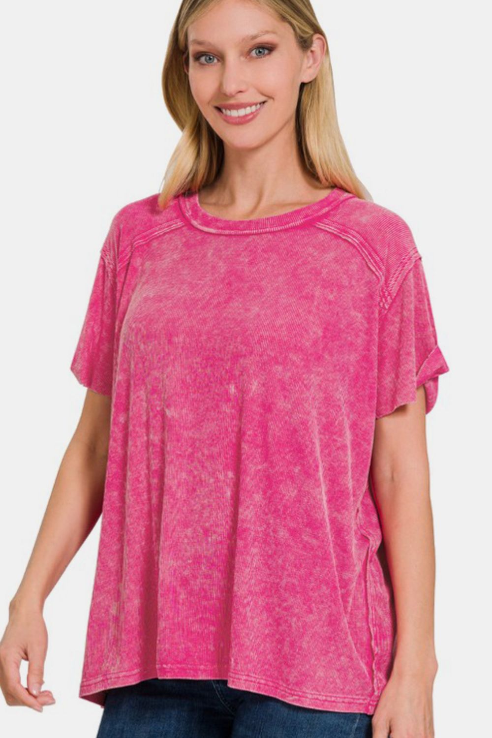 Zenana My Vibes Are Relaxed Washed Ribbed Short Sleeve Top in Hot Pink