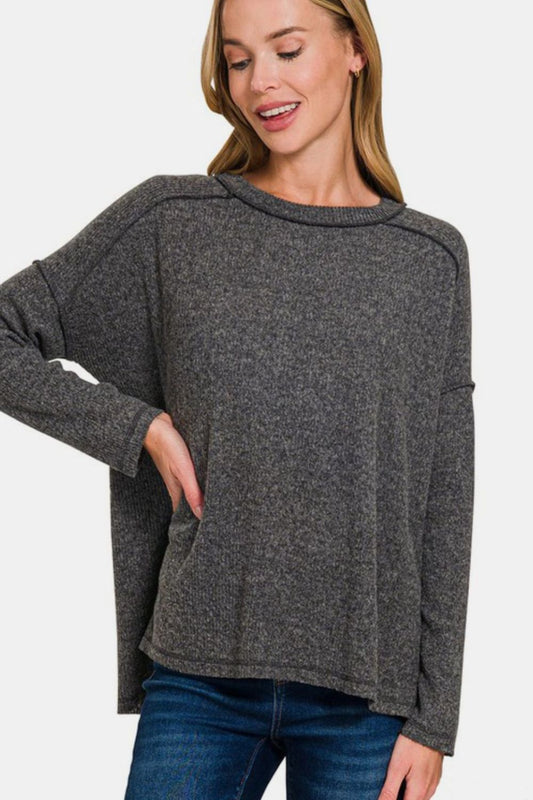 Zenana Cozy Season Exposed Seam Brushed Sweater in Black