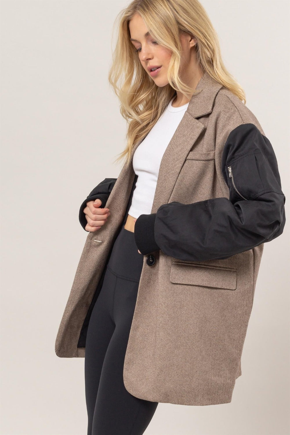 HYFVE Elevation Herringbone Mixed Media Contrast Long Sleeve Blazer