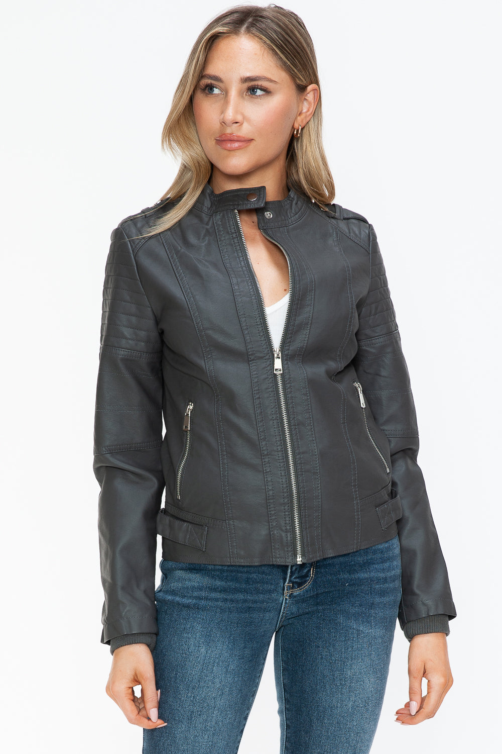 Snobbish Born To Ride PU Leather Biker Jacket with Side Zip Pockets in Charcoal