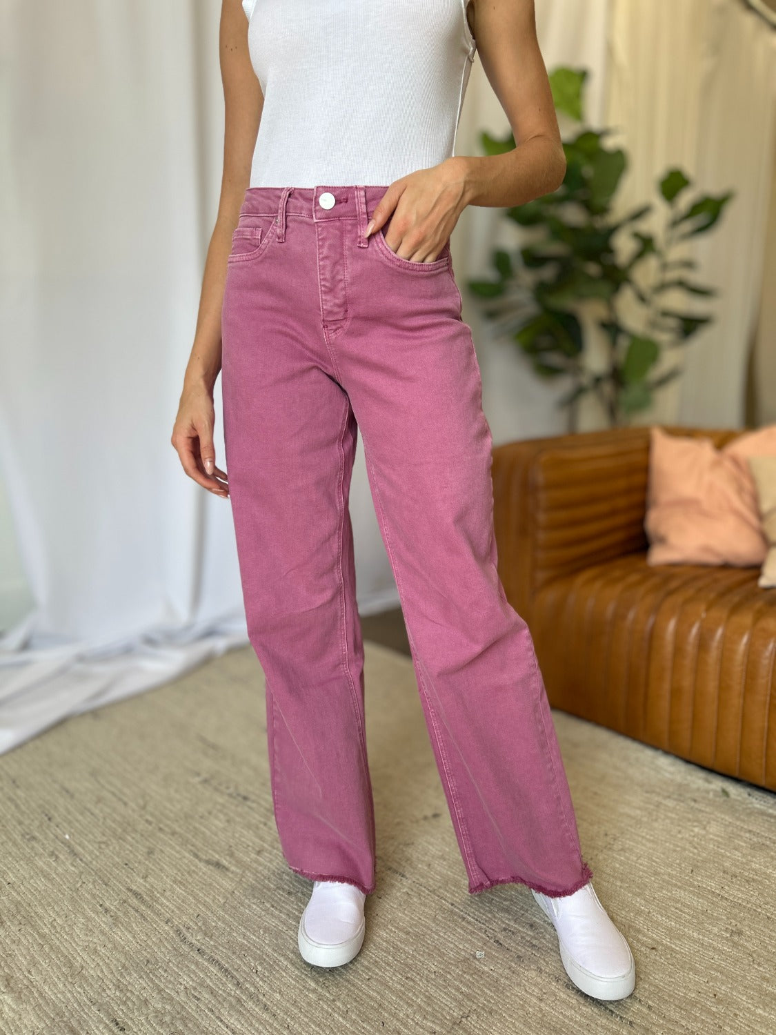 RFM Raelene High Rise Garment Dye Wide Leg Jeans in French Rose