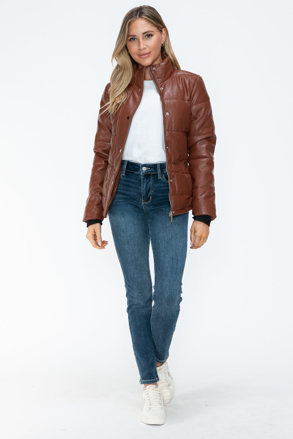 YMI Cozy Perfection Pocketed Zip Up Turtleneck Puffer Jacket in Brandy