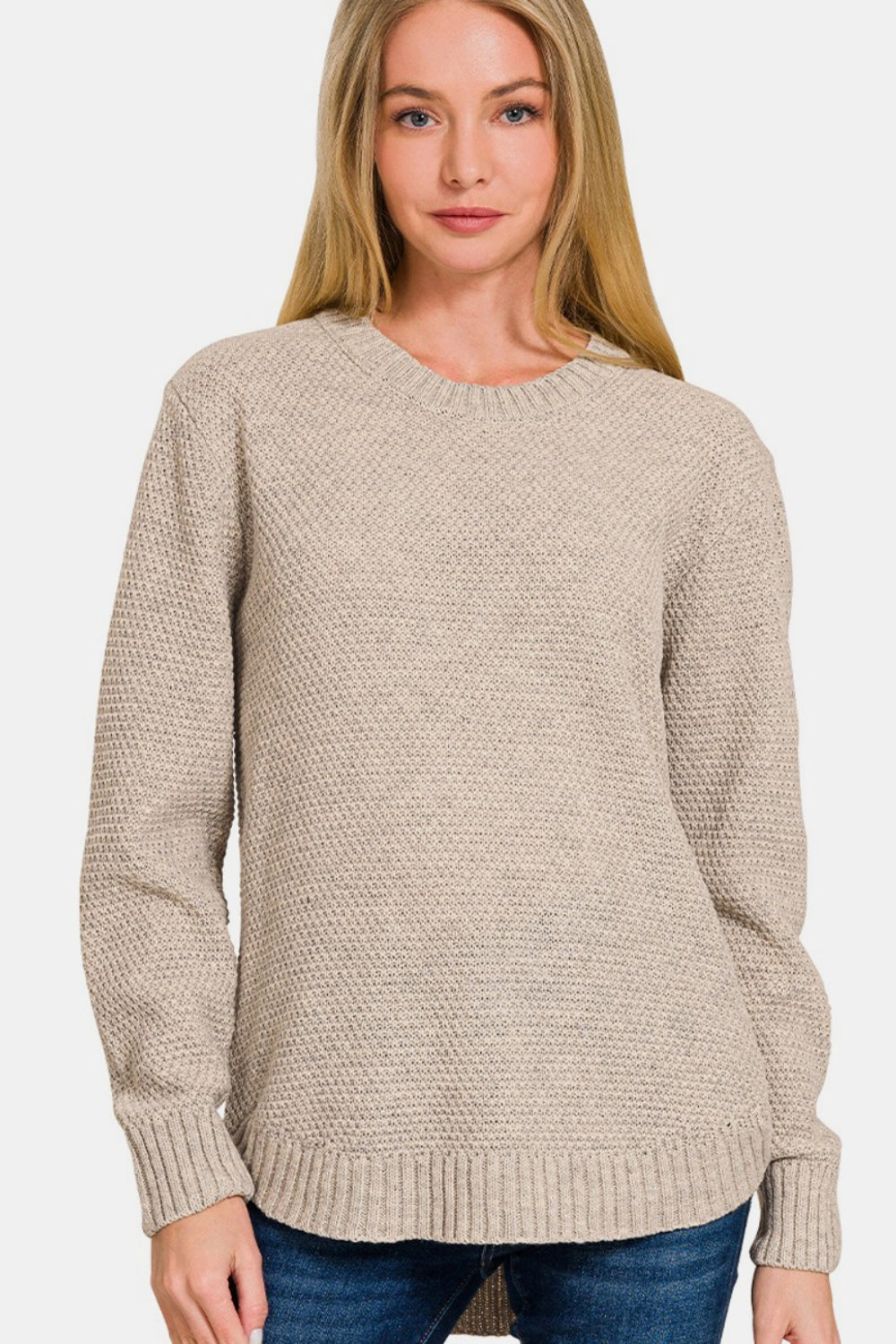 Zenana It's In The Curve Long Sleeve Curved Hem Sweater in H Beige