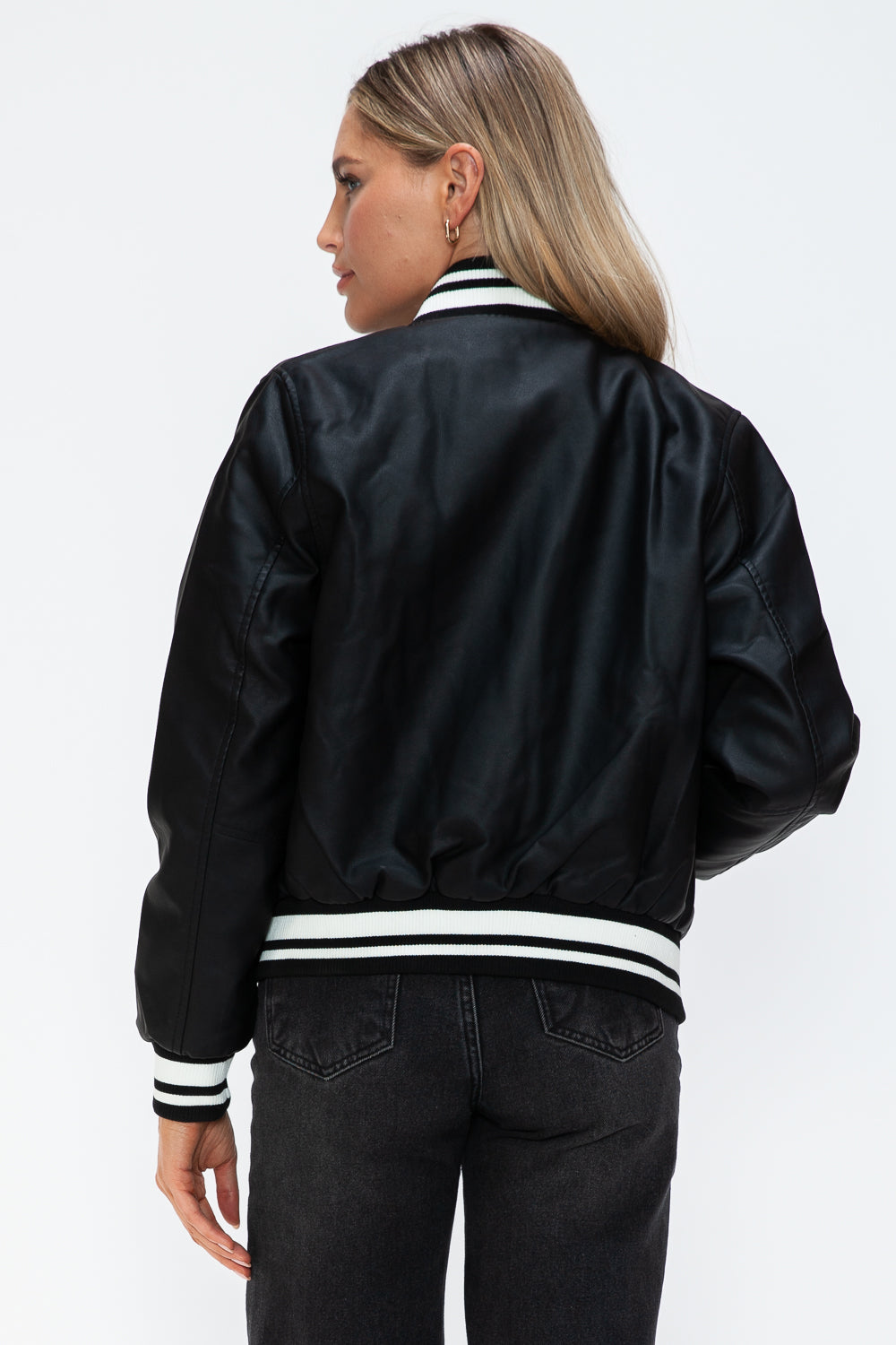 Love Me Now Bring The Love PU Leather Contrast Snap Down Bomber Jacket in Midnight/Black