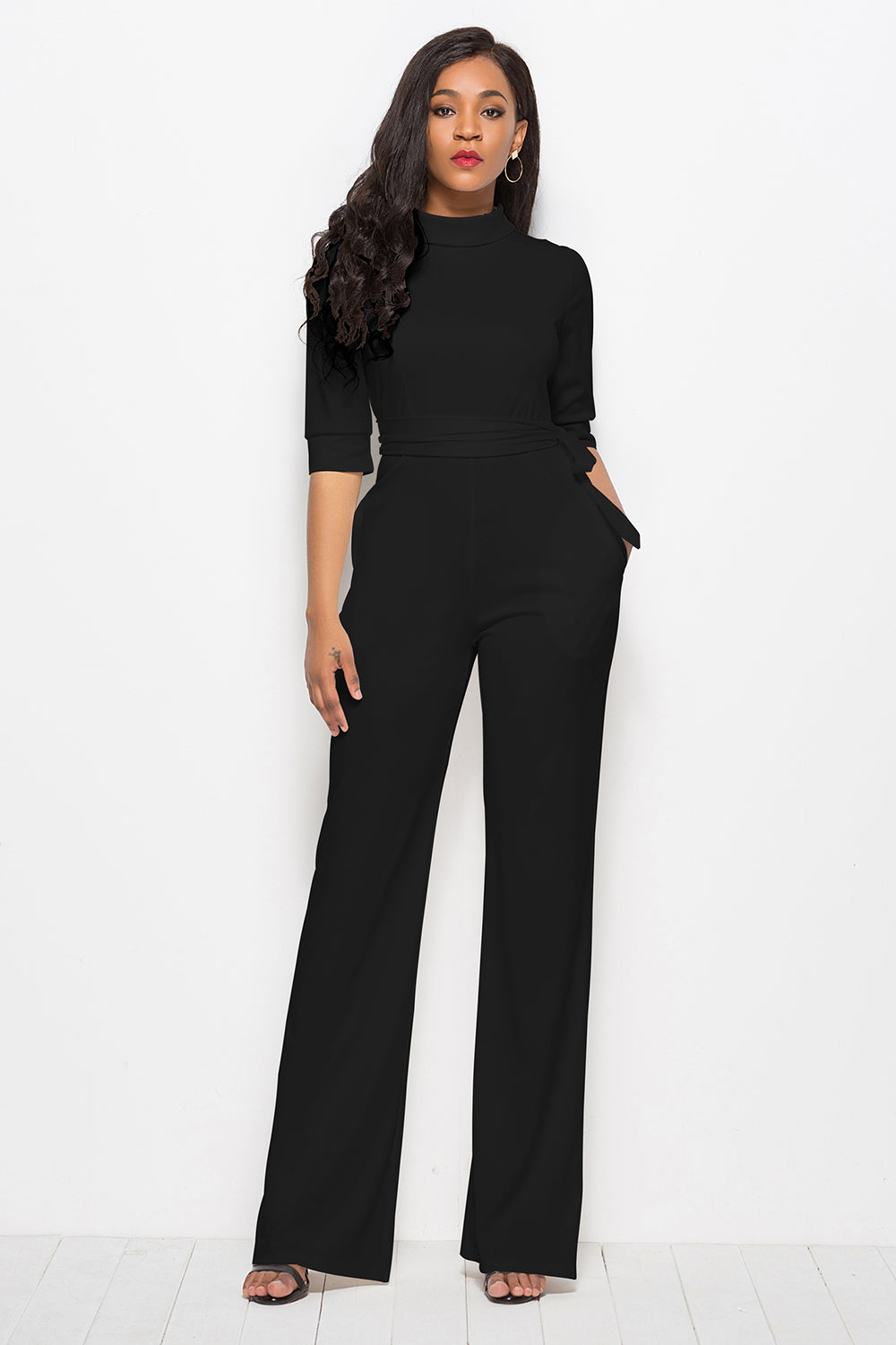 Driven Mock Neck Tie-Waist Half Sleeve Jumpsuit with Pockets