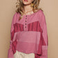 POL Block Party Half Button Color Block Drop Shoulder Knit Top in Cerise