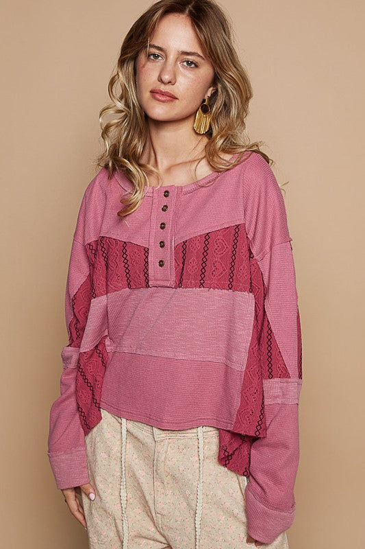 POL Block Party Half Button Color Block Drop Shoulder Knit Top in Cerise