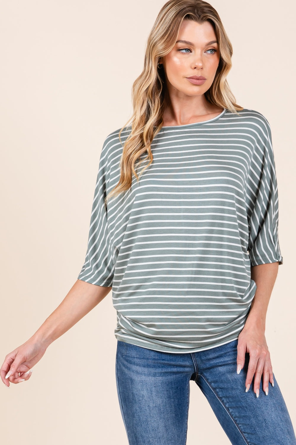 BOMBOM Casually Striped Boat Neck Dolman Sleeve Top in Dusty Olive