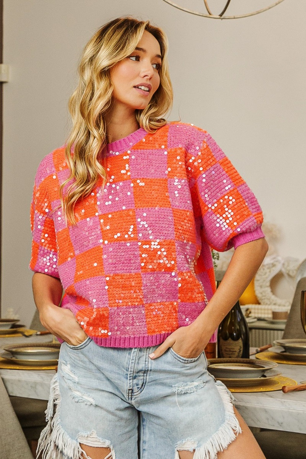 BiBi All Night In Sequin Checkered Short Sleeve Sequin Sweater